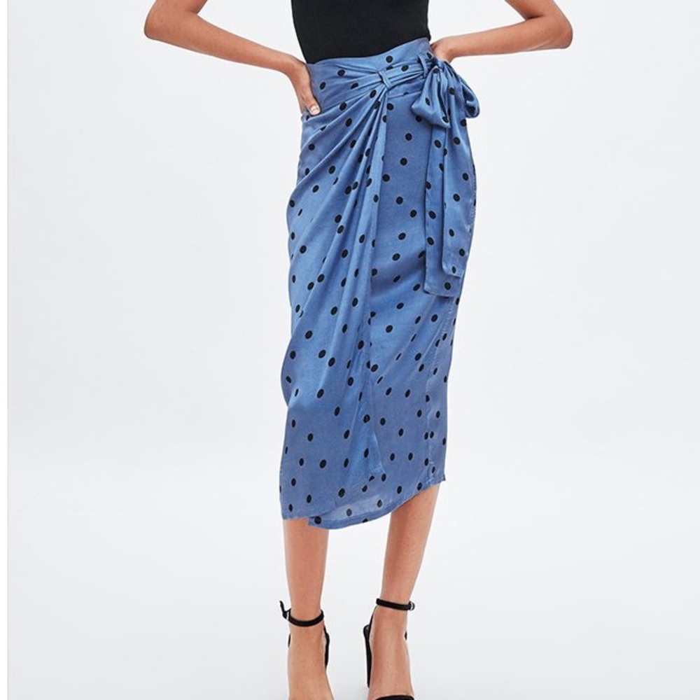 Zara blue polka dot wrap skirt